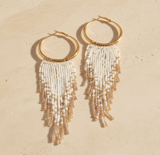 ivory Cascade handmade Miyuki fringe hoop earrings in ivory and gold
