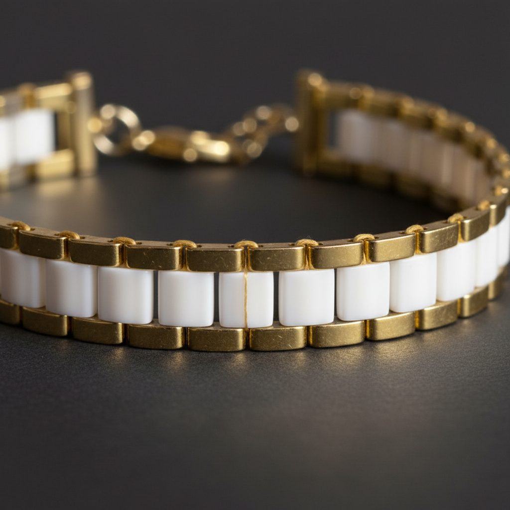 Close-up of white and gold Miyuki Tila beadwork on Linea bracelet