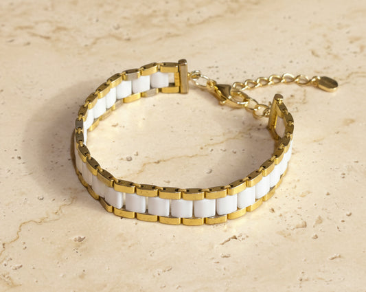 Linea white and gold handwoven Miyuki Tila bracelet