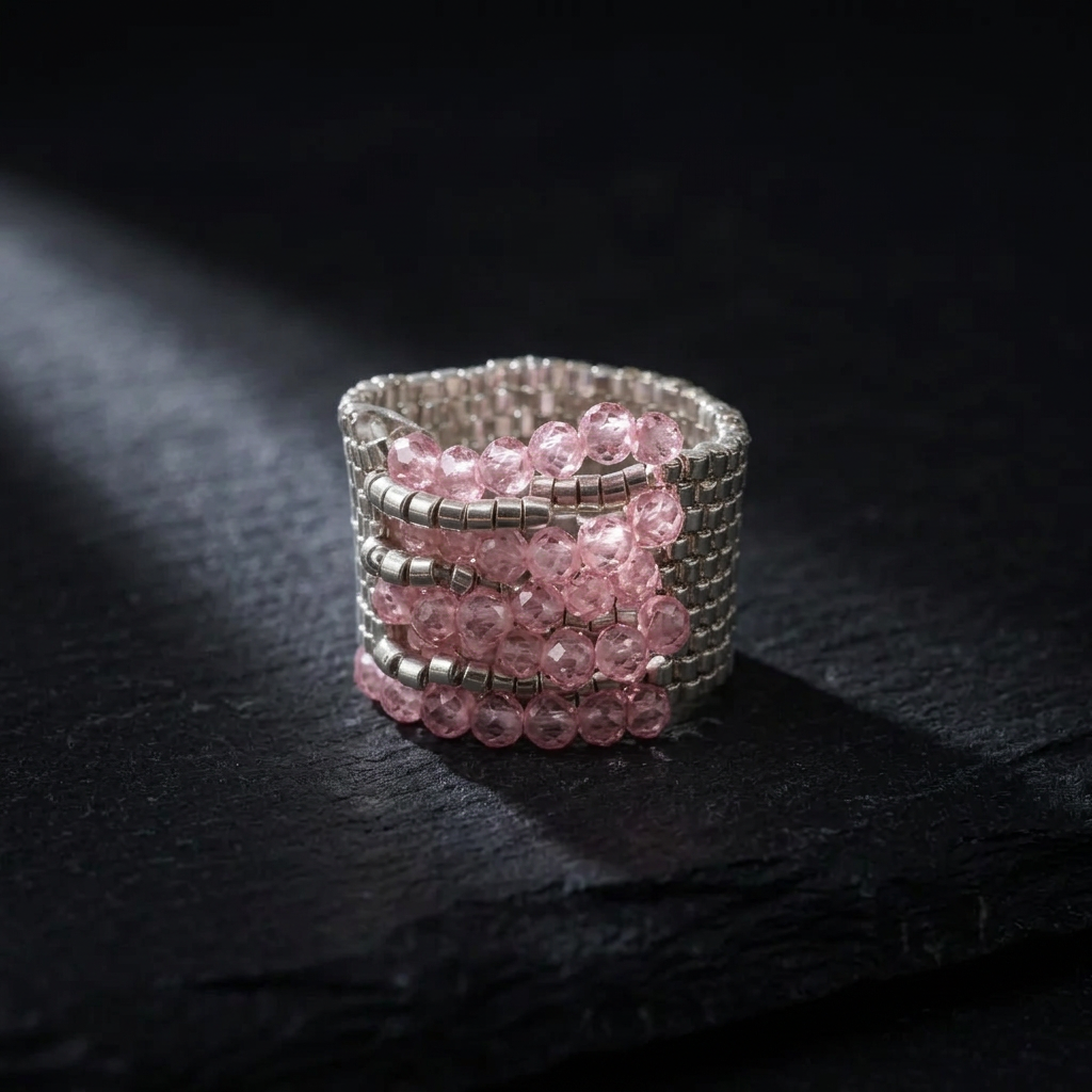 Pink zirconia statement ring photographed in a dark editorial setting