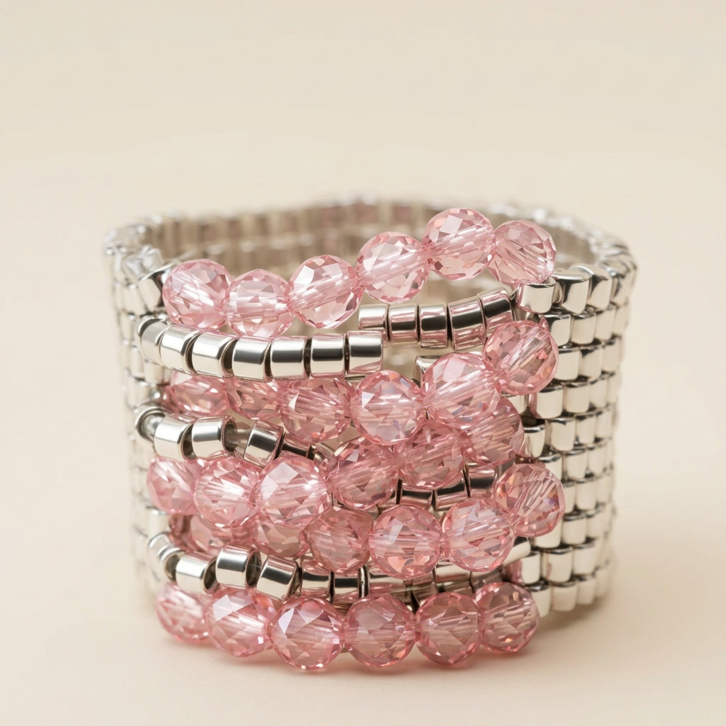 Close-up of faceted pink zirconia and silver Miyuki beadwork