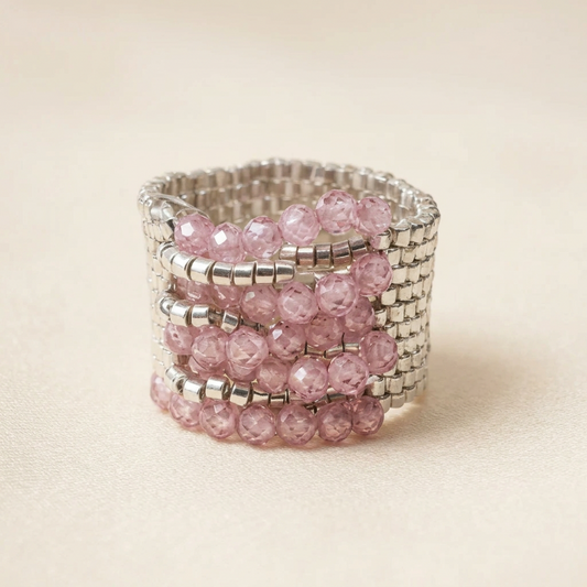 Luminous Blush handmade silver Miyuki statement ring with faceted pink zirconia