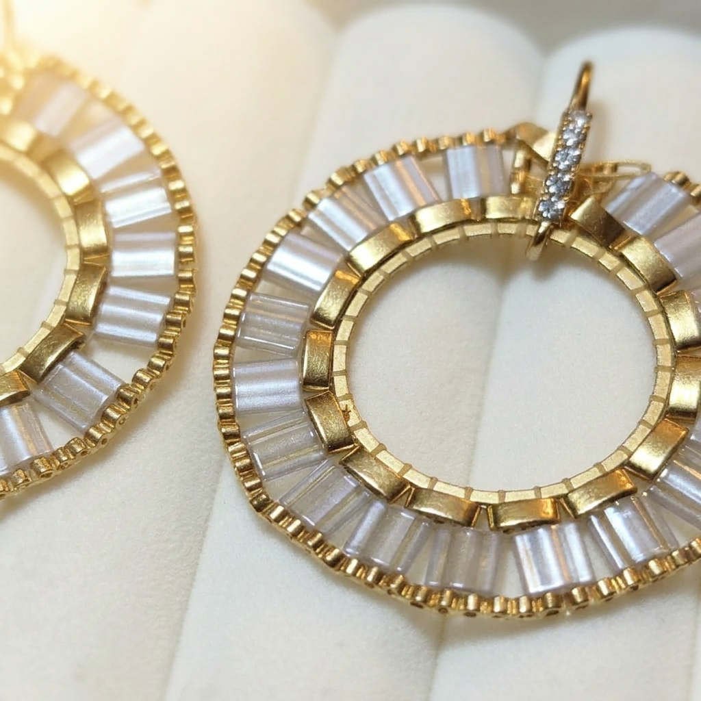 Close-up of ivory Miyuki Tila beads and gold geometric details