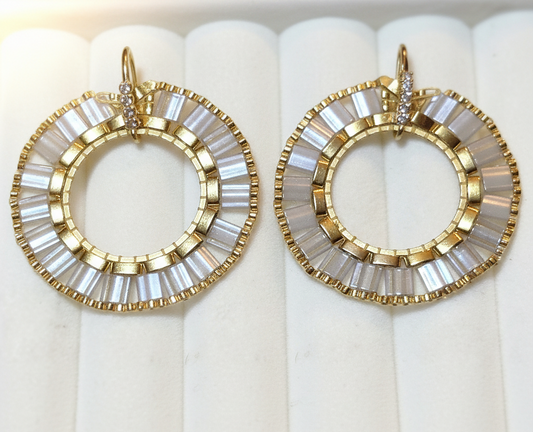 Luminous Halo handmade earrings with ivory and gold Miyuki Tila beads