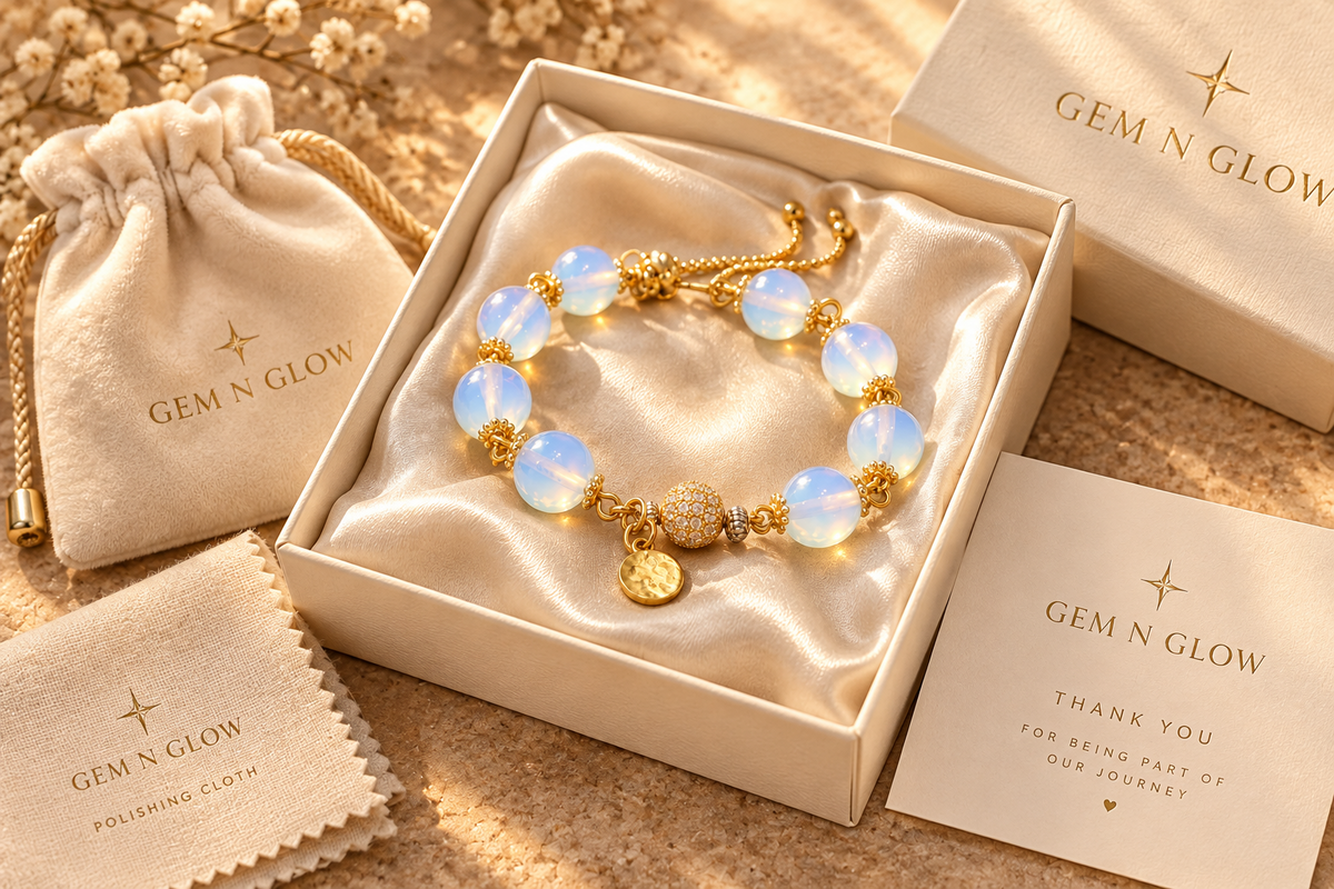 Luna Glow opalite bracelet presented in Gem N Glow gift packaging