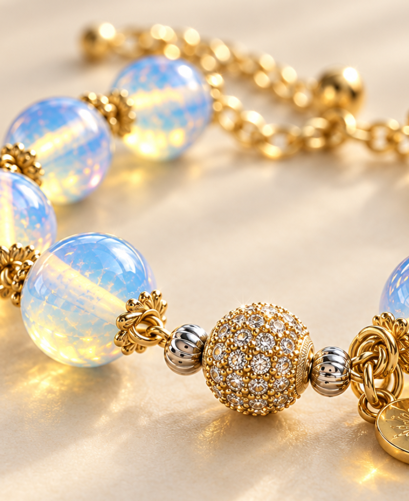 Detailed view of translucent blue-white opalite beads with golden reflections