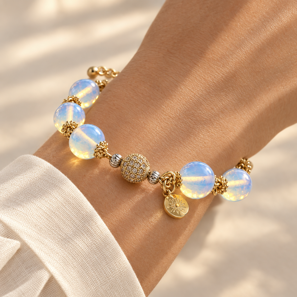 Iridescent blue opalite and gold bracelet worn on a woman's wrist