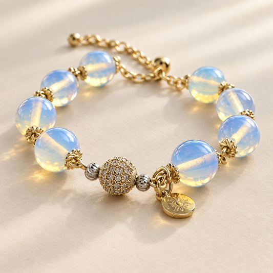 Luna Glow handmade opalite bracelet with gold details and sparkling pavé accent