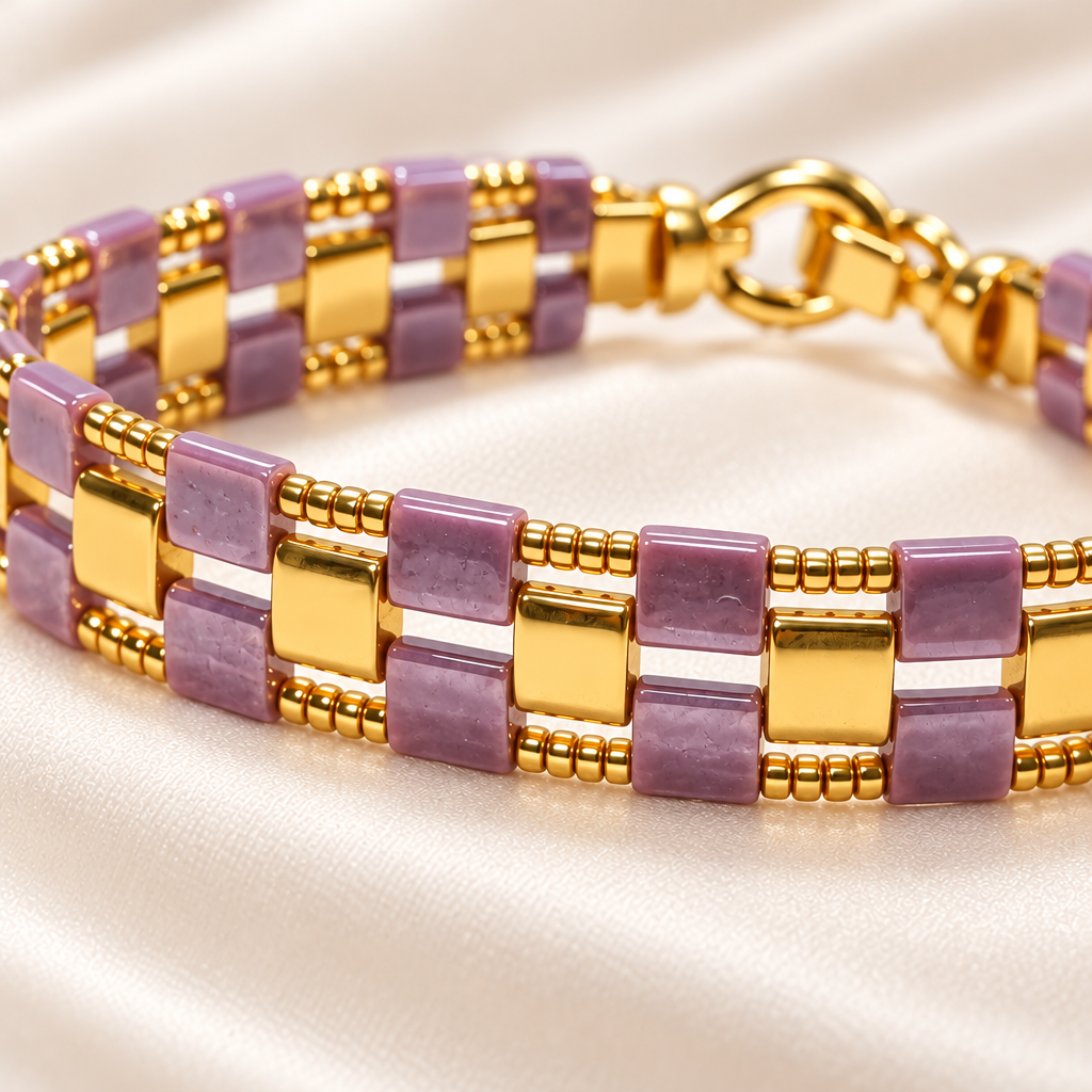 Close-up of mauve and gold Miyuki Tila beads with 24K gold-plated accents