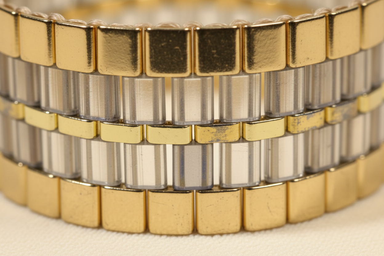 Handwoven gold and translucent grey Miyuki statement cuff