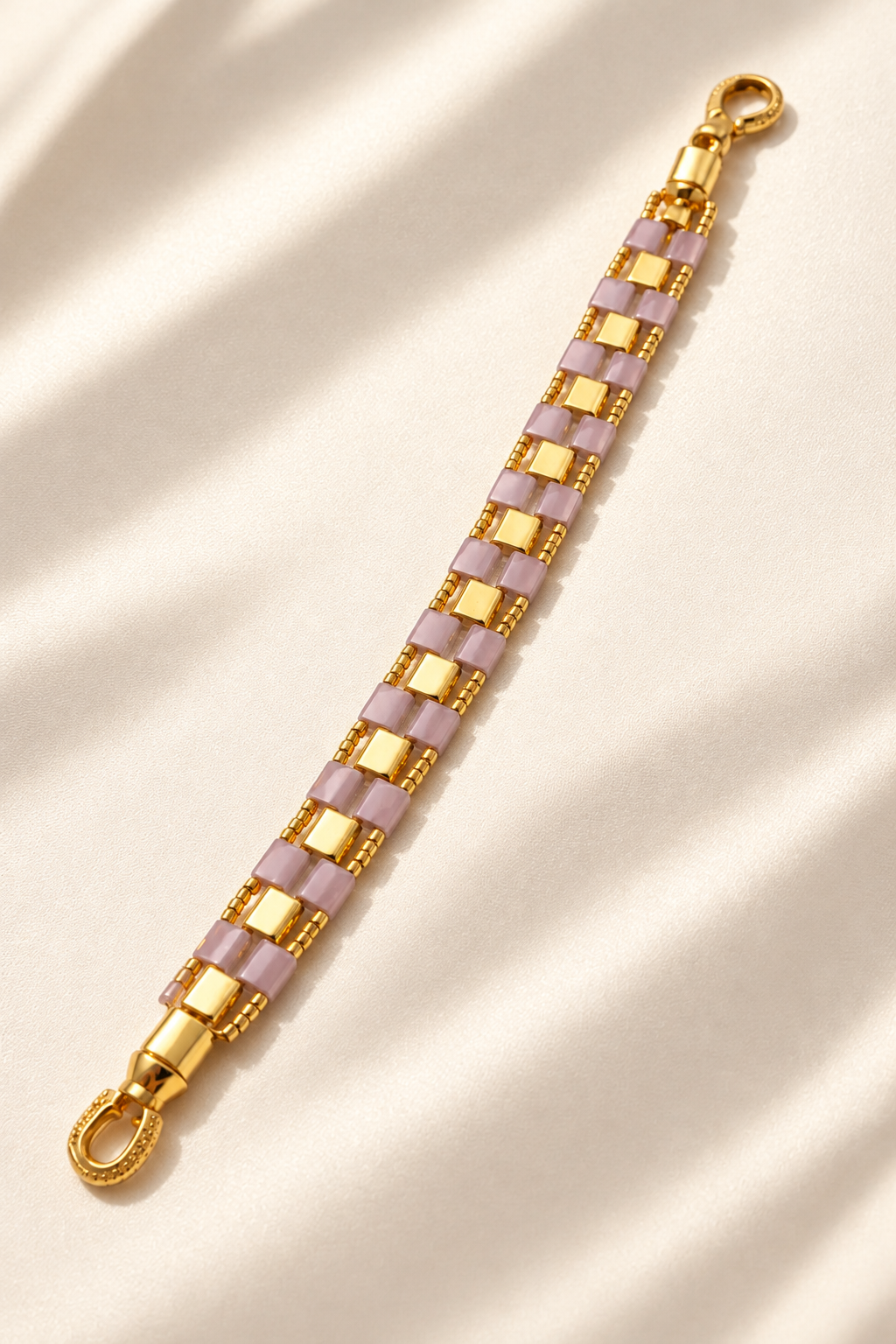Detailed geometric Miyuki Tila beadwork on Mosaic Line bracelet