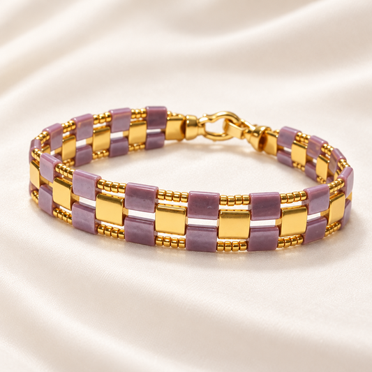 Mosaic Line handmade mauve and 24K gold Miyuki Tila geometric bracelet