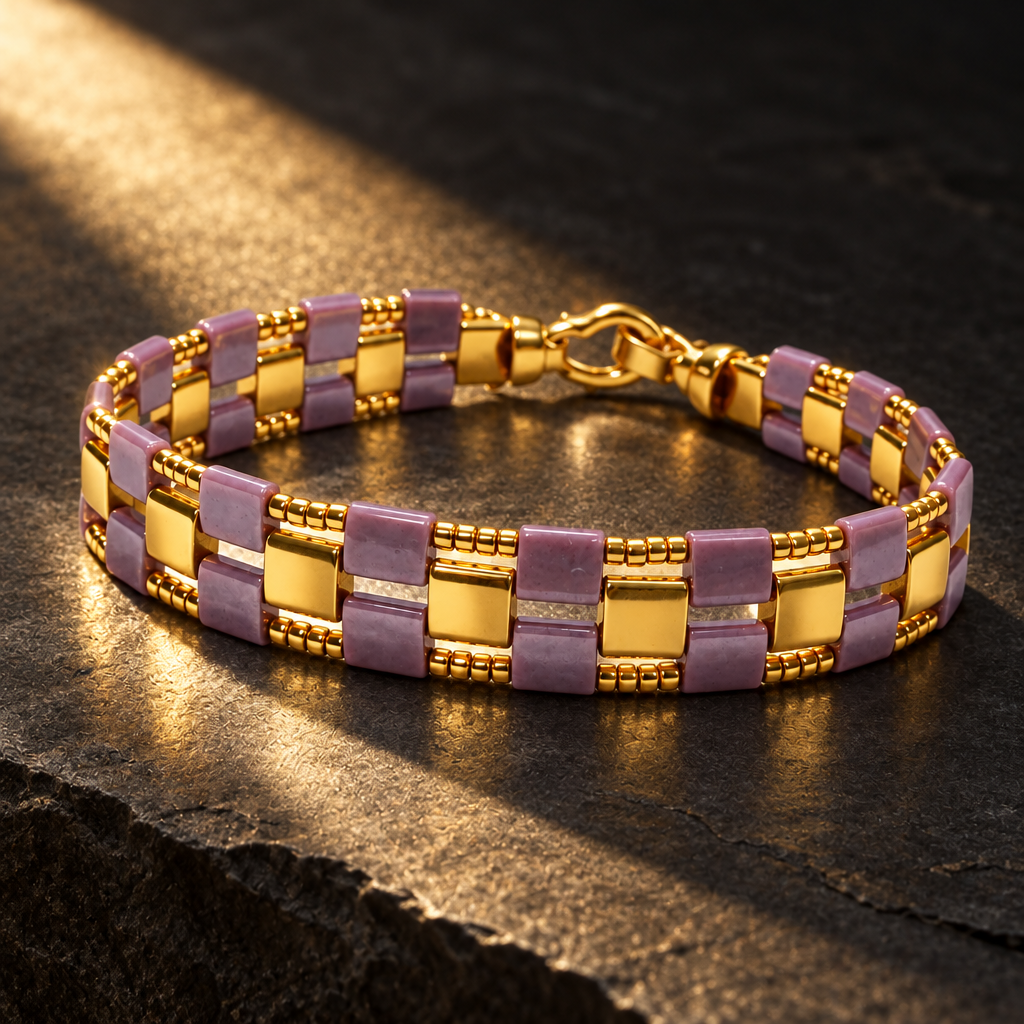 Mauve and gold Mosaic Line bracelet styled in a minimalist luxury setting