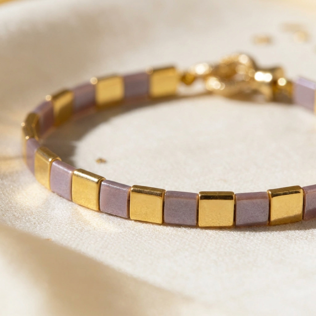 Close-up of mauve rectangular beads and polished gold-tone elements