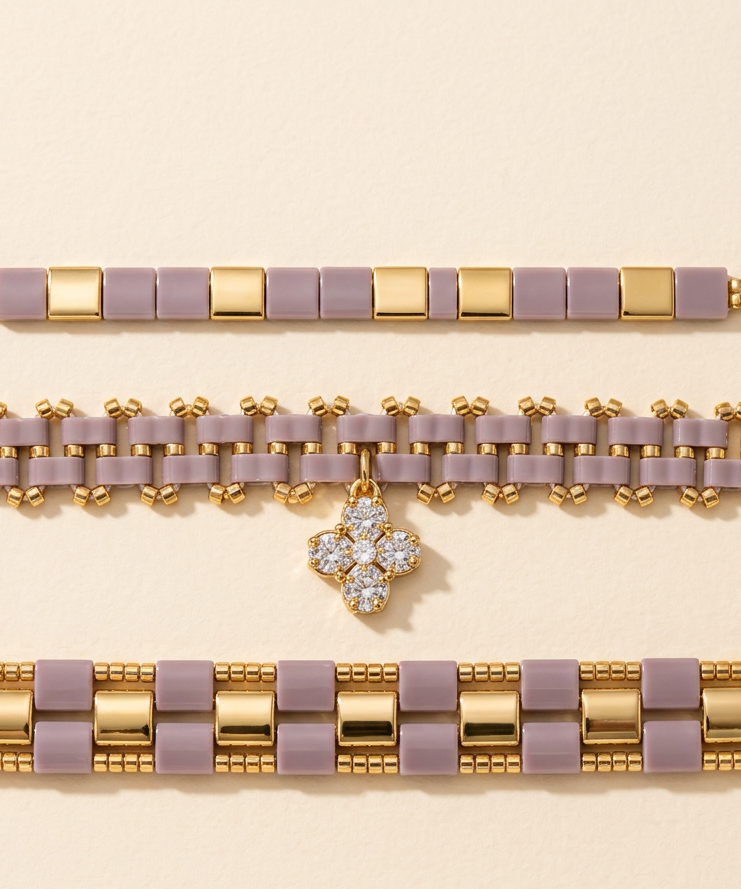 close up picture of trio set with miuyki tila beads
