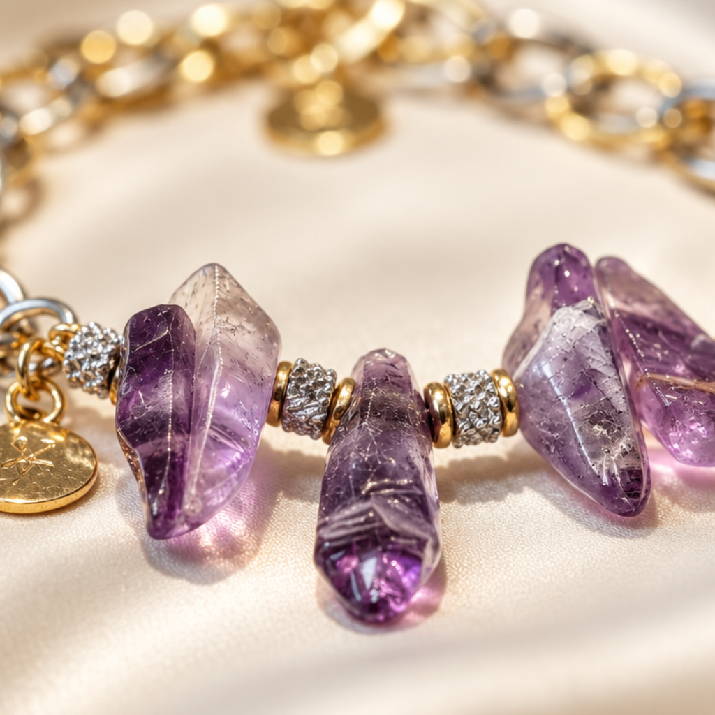 Close-up of irregular natural purple amethyst stones and textured stainless steel details