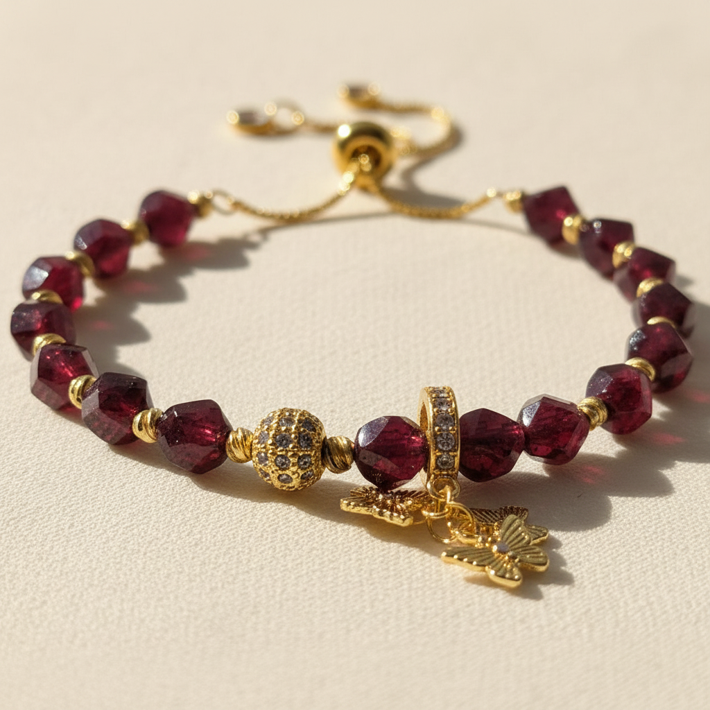 Close-up of faceted garnet beads, zircon accents and golden butterfly charms