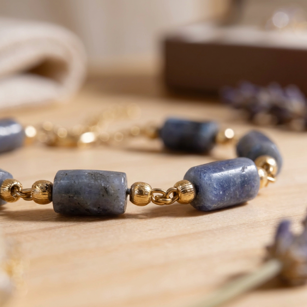 Close-up of rectangular natural tanzanite beads with blue and violet markings