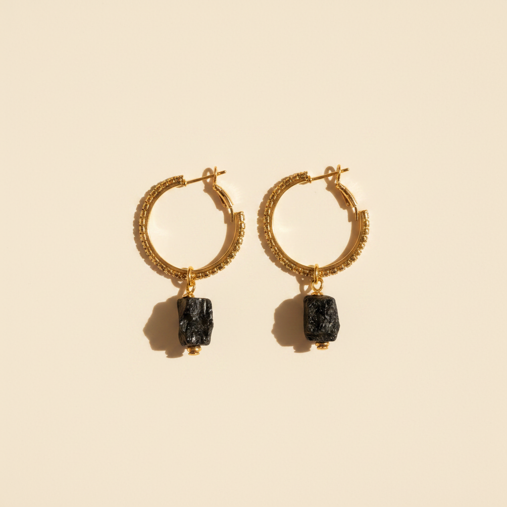 Noir Glow gold-plated hoop earrings with zircons and raw black tourmaline drops