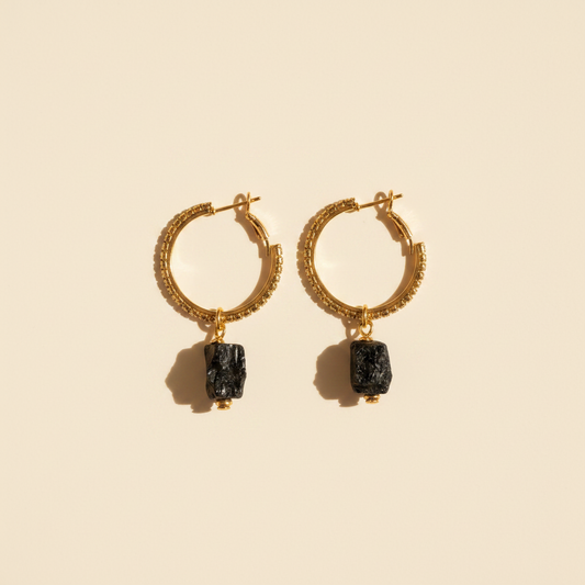 Noir Glow gold-plated hoop earrings with zircons and raw black tourmaline drops