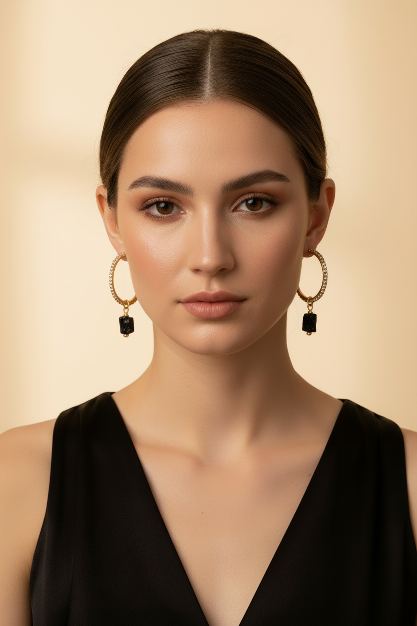 Woman wearing black tourmaline and gold zircon hoop earrings