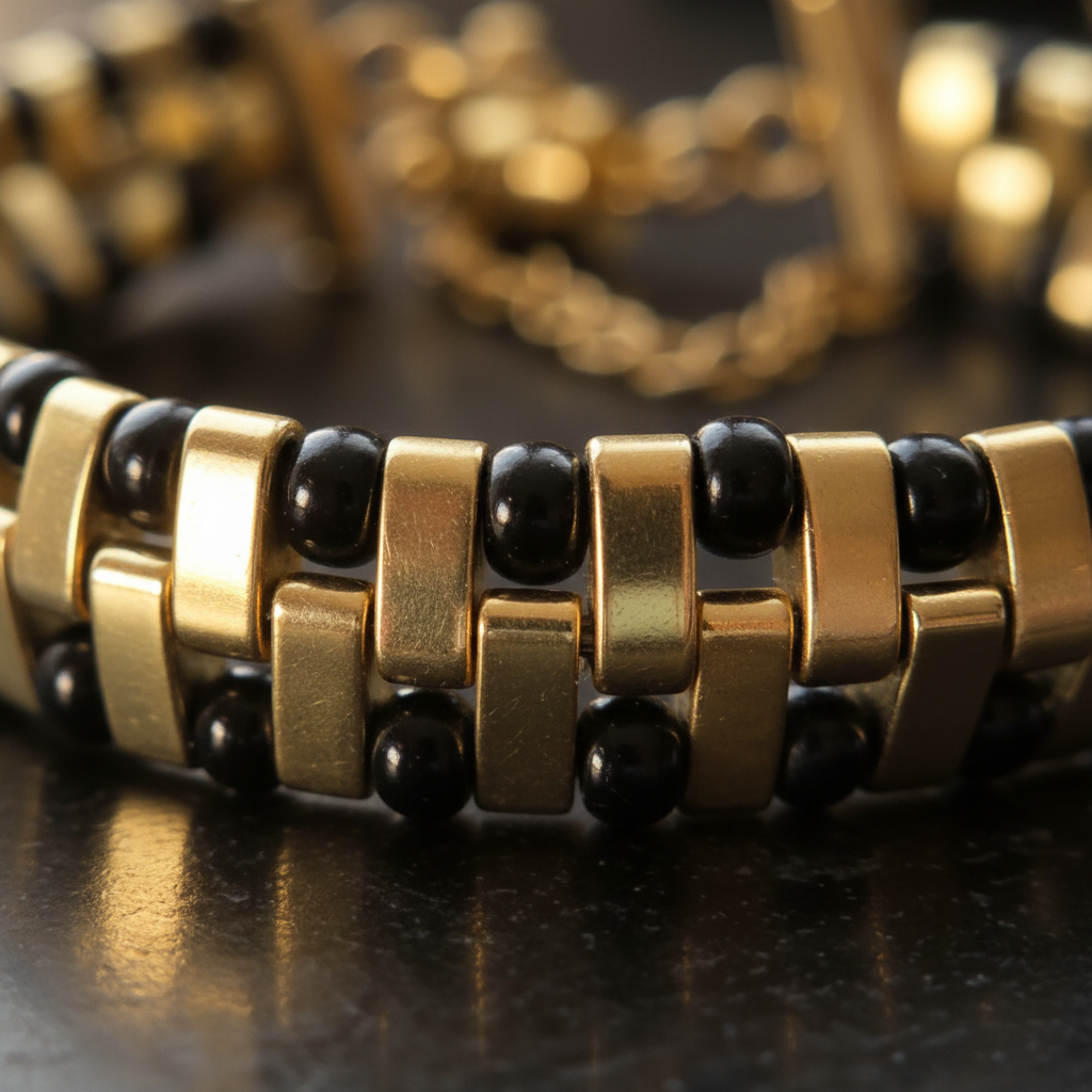 Close-up of structured black and metallic gold Miyuki beadwork