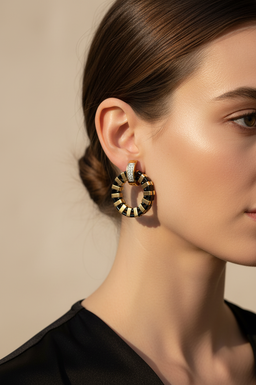 Noir Halo Earrings worn – handmade black and gold beaded hoops by Gem 'N Glow