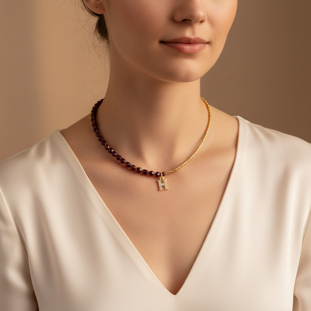 Personalized garnet and gold necklace worn close to the neckline