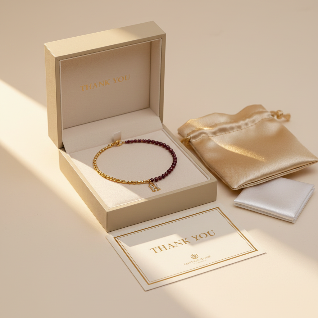Personalized garnet necklace in Gem N Glow luxury gift packaging
