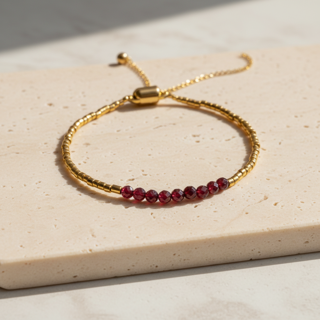 Adjustable garnet bracelet with faceted red gemstones and polished gold-tone beads.