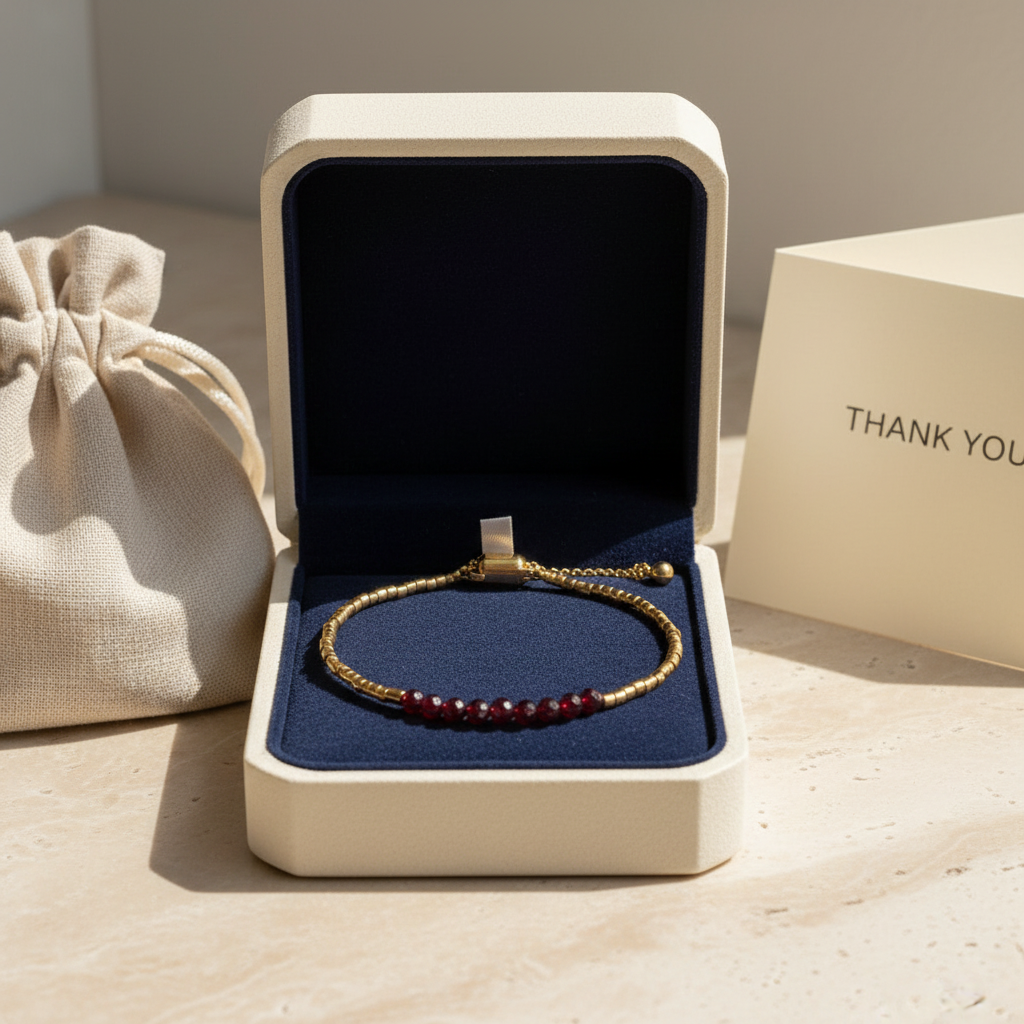 Handmade garnet bracelet displayed inside elegant gift-ready packaging