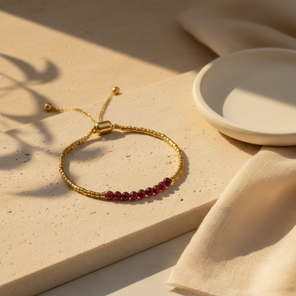 Garnet and gold bracelet styled on ivory silk in warm natural light.