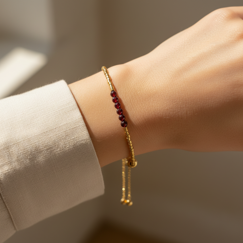 Woman wearing a delicate adjustable garnet and gold beaded bracelet.
