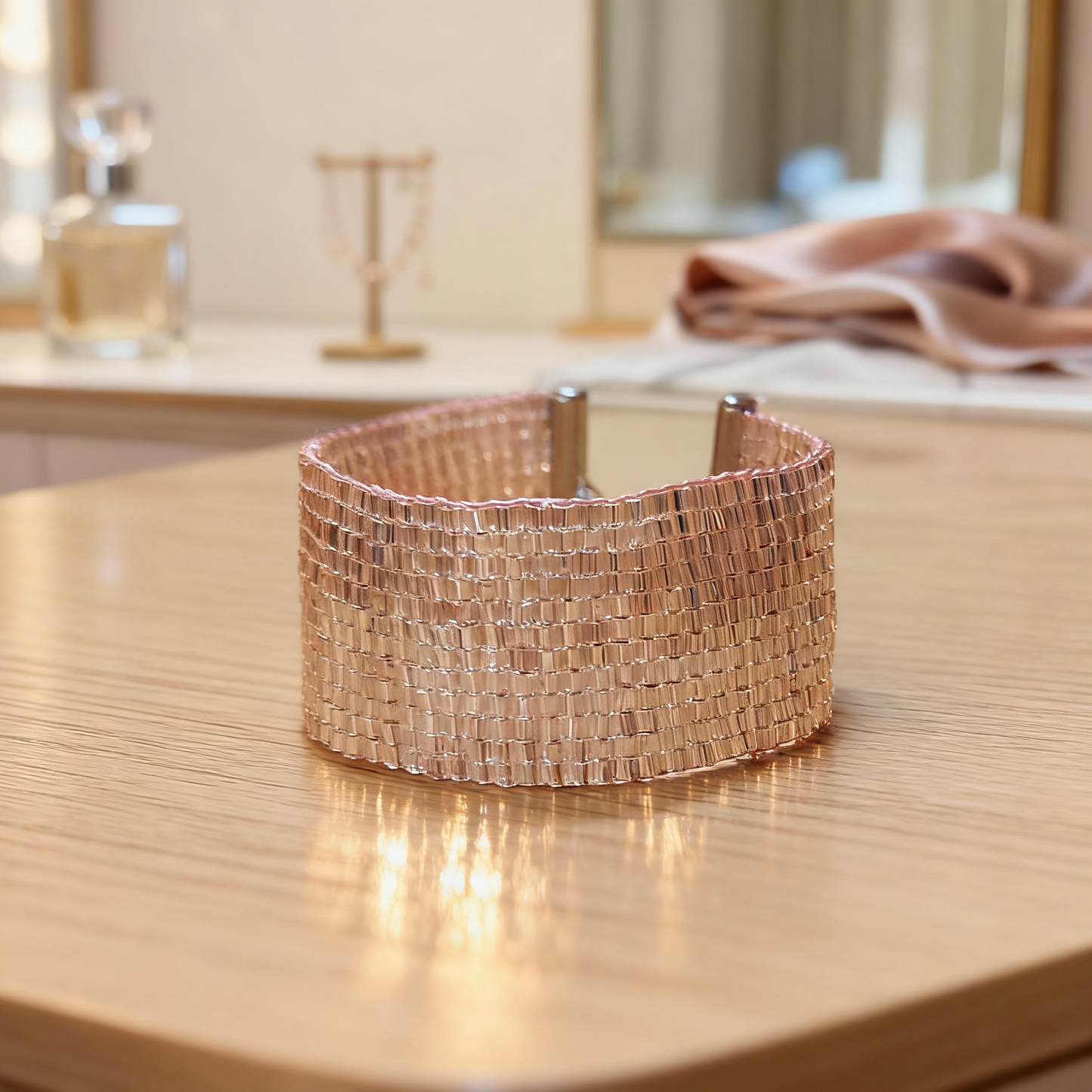 Handwoven rose-gold TOHO seed bead statement bracelet