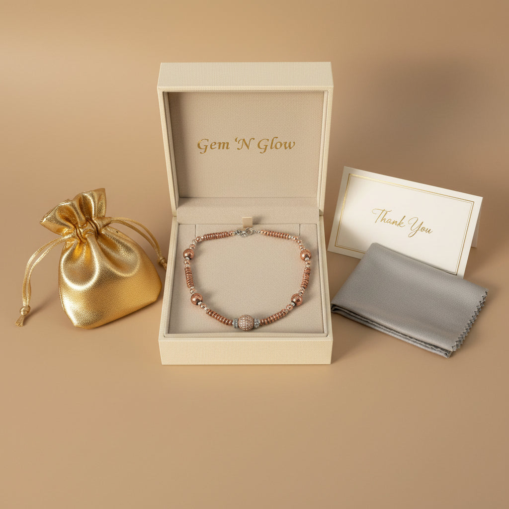 Luxury handmade hematite necklace presented in Gem ’N Glow gift packaging