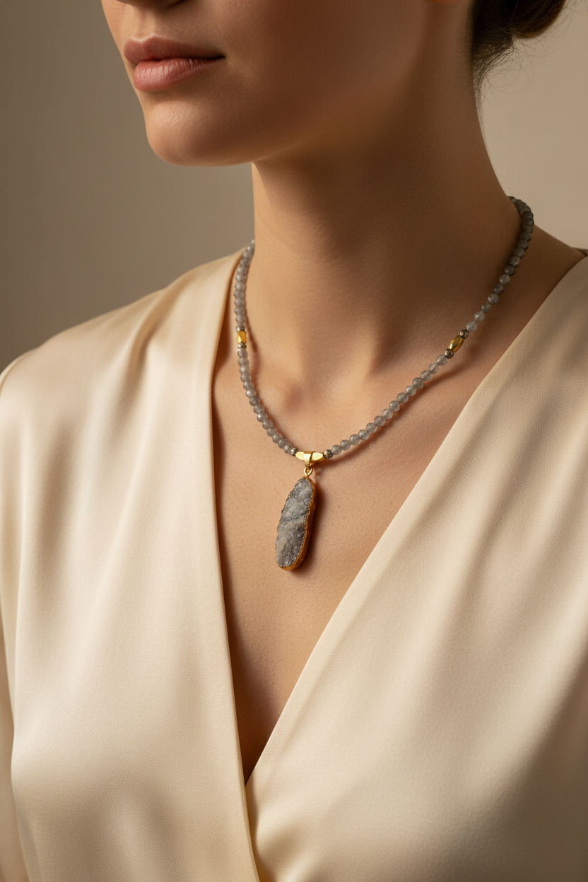 Gray labradorite and druzy pendant necklace worn with a neutral ivory blouse.