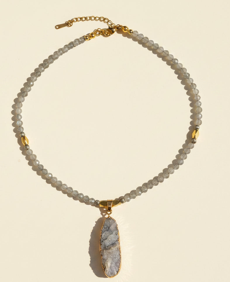 Full view of Selene grey labradorite necklace with natural druzy pendant