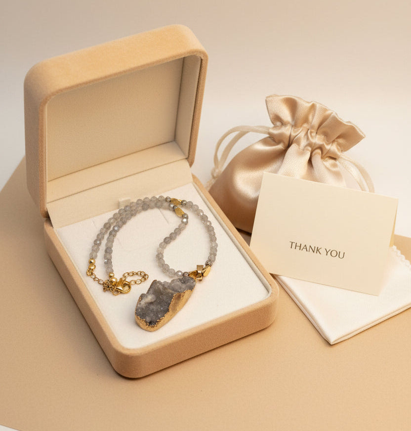 Handmade labradorite druzy necklace presented in Gem N Glow gift packaging.