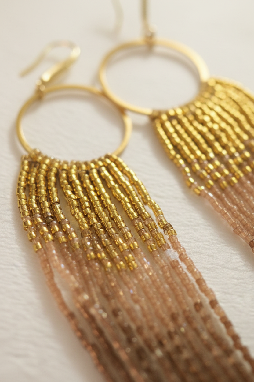 Close-up of gold, blush and bronze Miyuki bead fringe on Sienna Cascade earrings