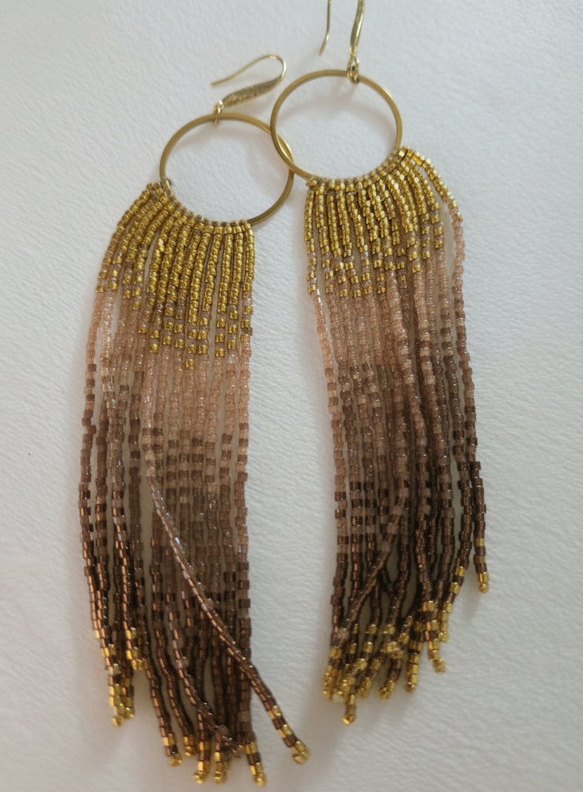 Sienna Cascade long fringe earrings handwoven with blush, bronze and gold Miyuki beads
