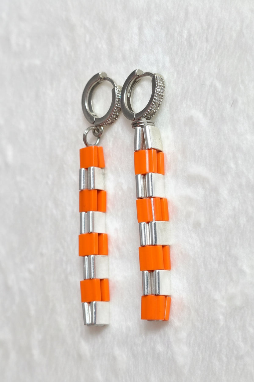 Handmade orange, white and silver Miyuki Tila drop earrings with sparkling huggie hoops