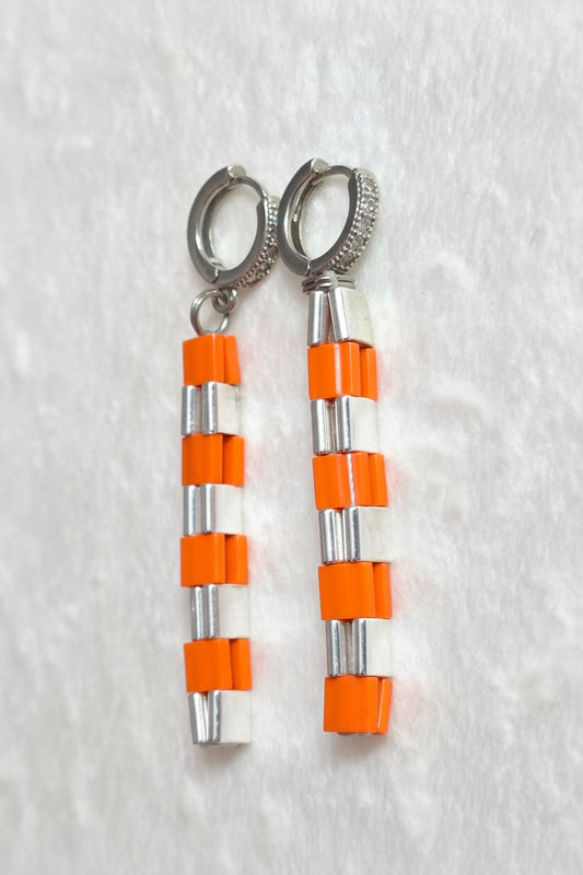 Handmade orange, white and silver Miyuki Tila drop earrings with sparkling huggie hoops