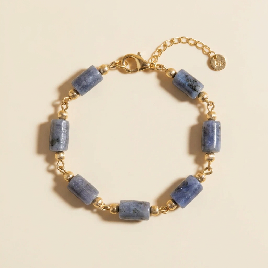 Natural tanzanite bracelet with rectangular blue stones and gold-plated links