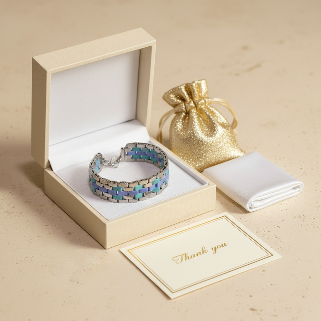 Tidal Mosaic blue and aqua bracelet presented in Gem N Glow gift packaging.