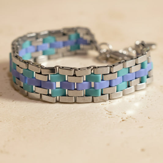 Tidal Mosaic handmade aqua and blue Miyuki Tila bracelet with silver hematite beads.