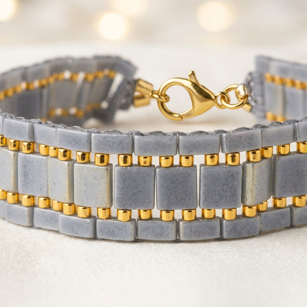 Close-up of grey Miyuki Tila beads and 24K gold-plated Miyuki accents