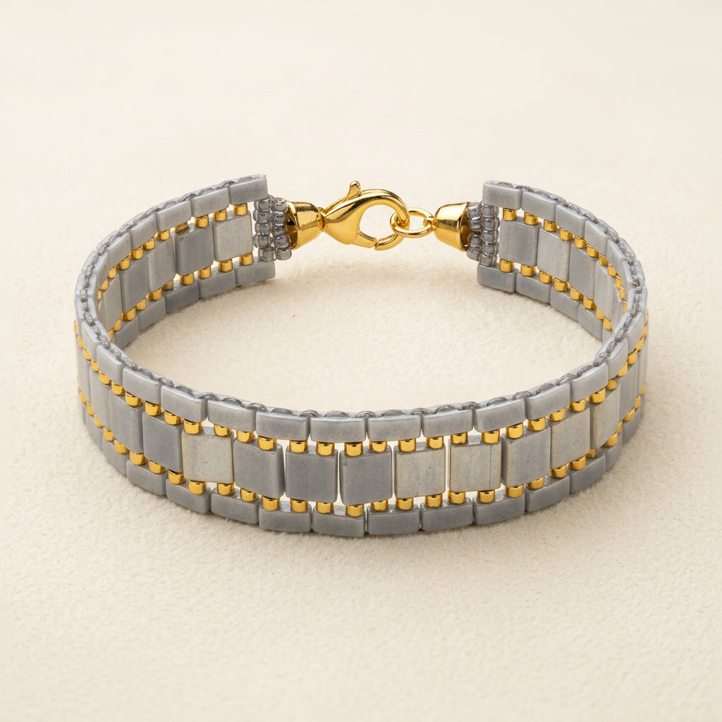 Detailed geometric Miyuki Tila beadwork on Vertex Signature bracelet