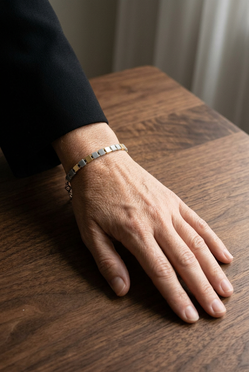 Vertex Slim grey and gold Miyuki bracelet worn alone on a wrist with black blouse 