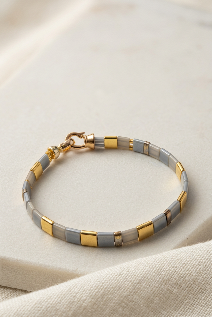 grey gold Tila bracelet n white table
