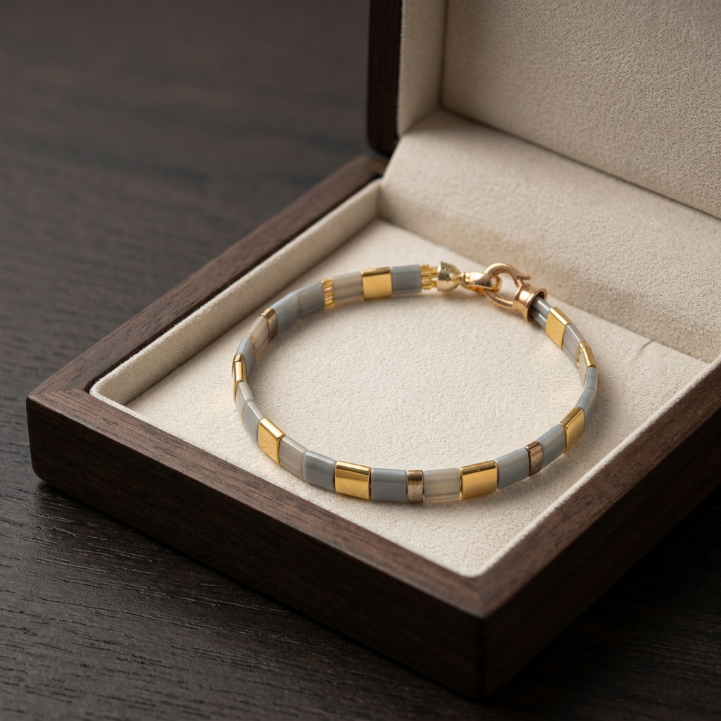 Vertex Slim grey and gold Miyuki bracelet displayed in Gem N Glow packaging.